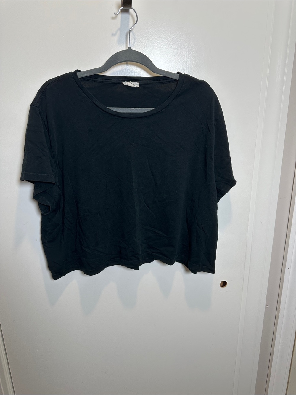 Women's Black Boxy Crop Tee - Casual Short Sleeve Top (61)